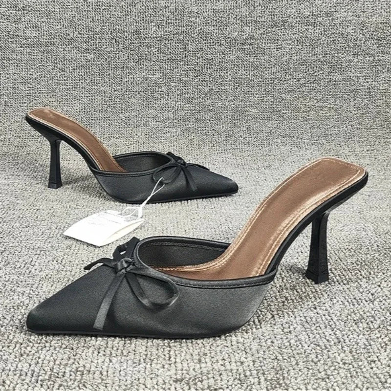 Bow High Heels Slippers Women Pointed Toe Mules Shoes Sexy 2025 Summer Dress Party Stilettos Sandals Woman Slides Trend Pumps