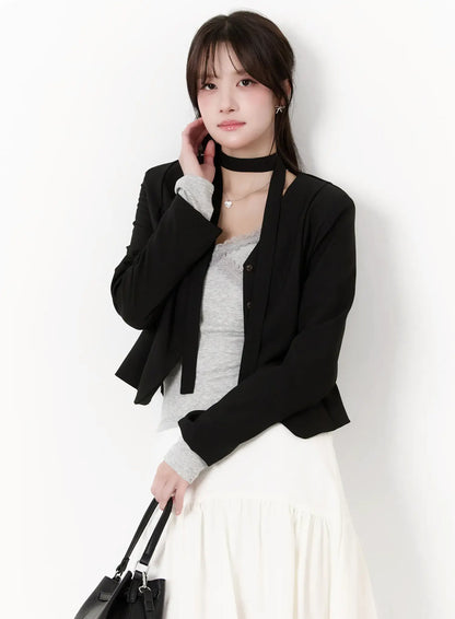 Chic U-Neck Crop Jacket with Scarf CM505