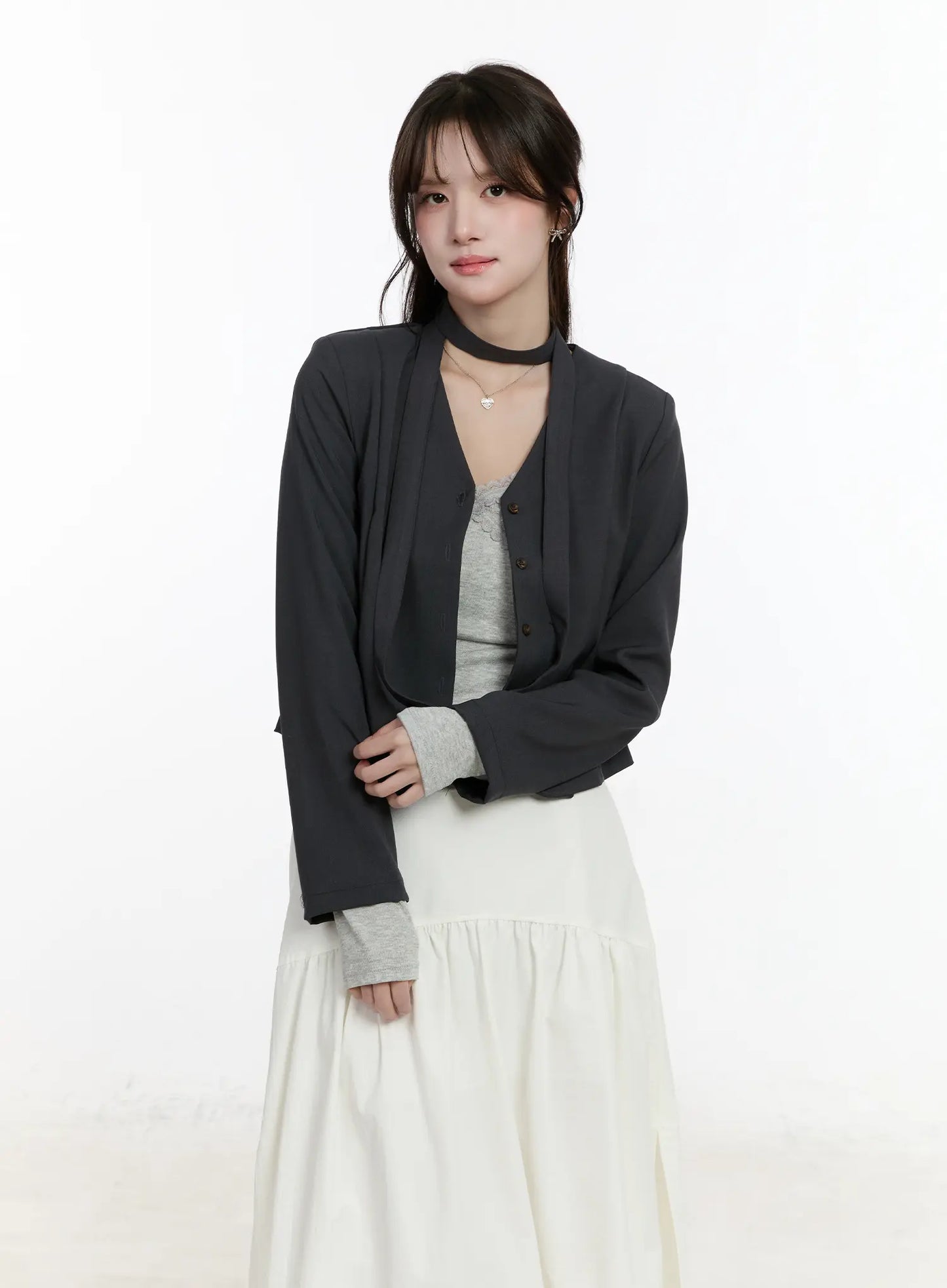 Chic U-Neck Crop Jacket with Scarf CM505