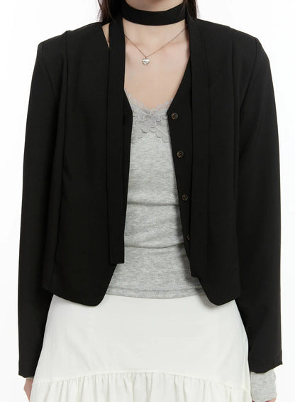 Chic U-Neck Crop Jacket with Scarf CM505