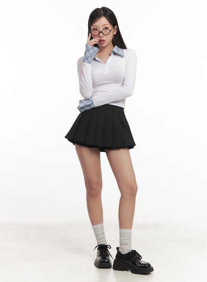 Checkered-Collar Long-Sleeve Crop Top CM531