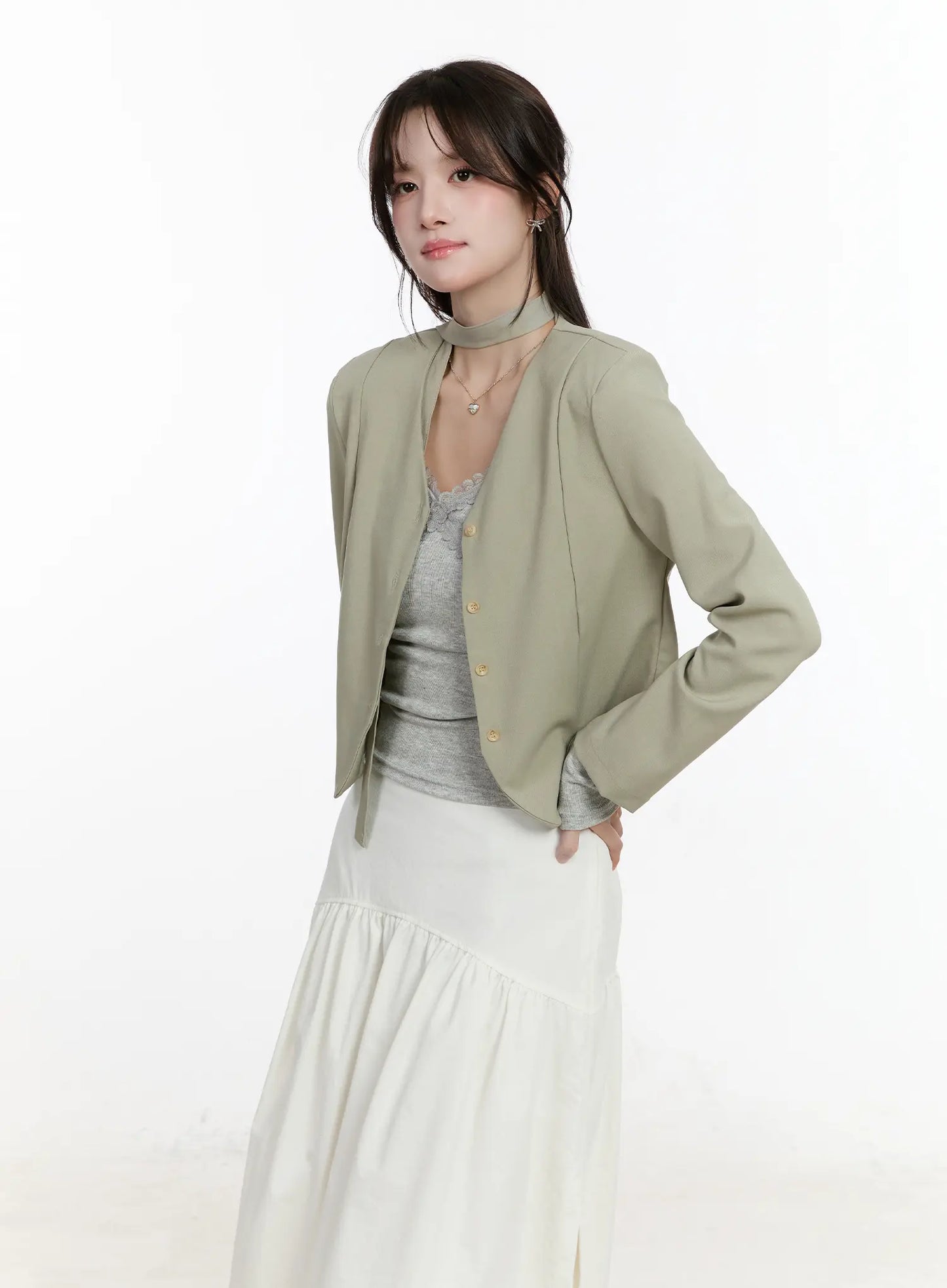Chic U-Neck Crop Jacket with Scarf CM505