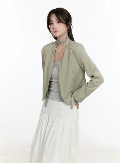 Chic U-Neck Crop Jacket with Scarf CM505