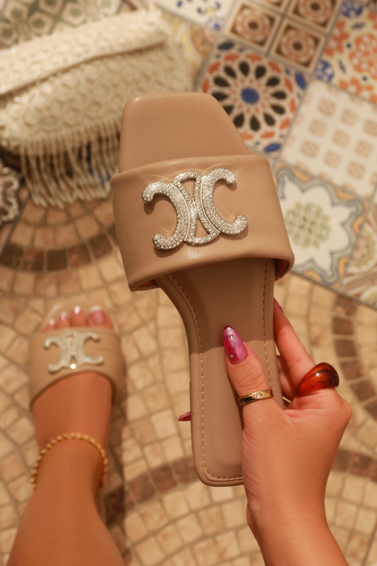 Ceci Flat Slip On Sandals - Nude