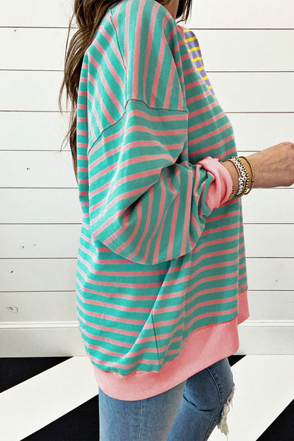 Sky Blue Stripe Colorblock Drop Shoulder Oversize Sweatshirt