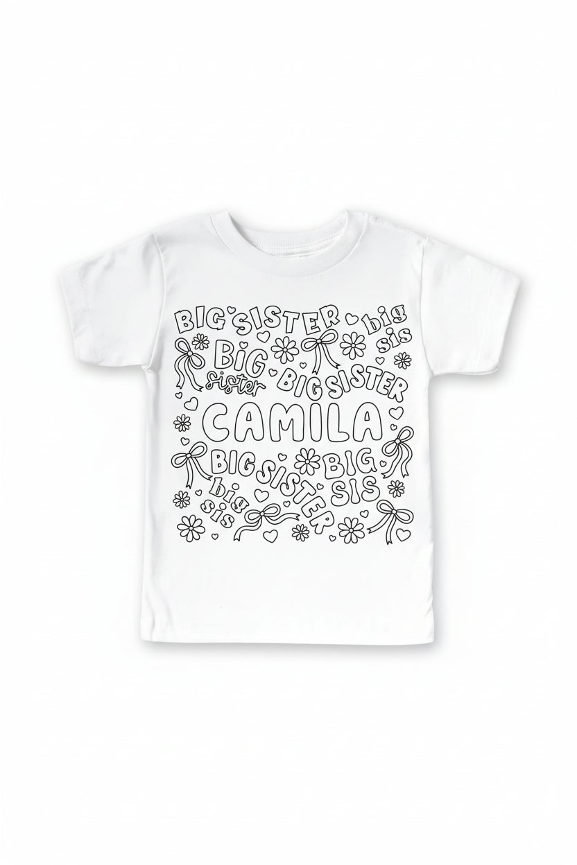 Colorable Big Sis Personalized Kids Graphic Tee | White