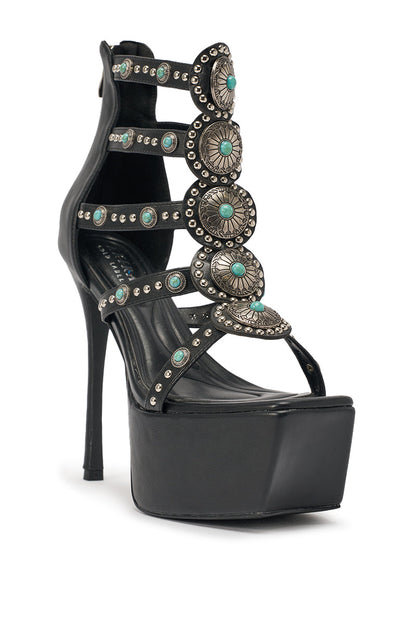 AKIRA GOLD FUANMARA BLACK EMBELLISHED SEXY STILETTO PU SANDAL