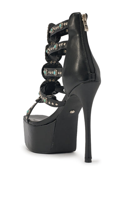 AKIRA GOLD FUANMARA BLACK EMBELLISHED SEXY STILETTO PU SANDAL
