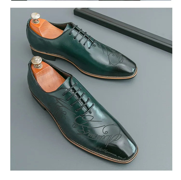 Men's Casual Leather Shoes Large Size New Style Pointed Toe Fashion Trend Carving Glossy Surface Leather Shoes Rubber Sole