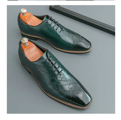 Men's Casual Leather Shoes Large Size New Style Pointed Toe Fashion Trend Carving Glossy Surface Leather Shoes Rubber Sole