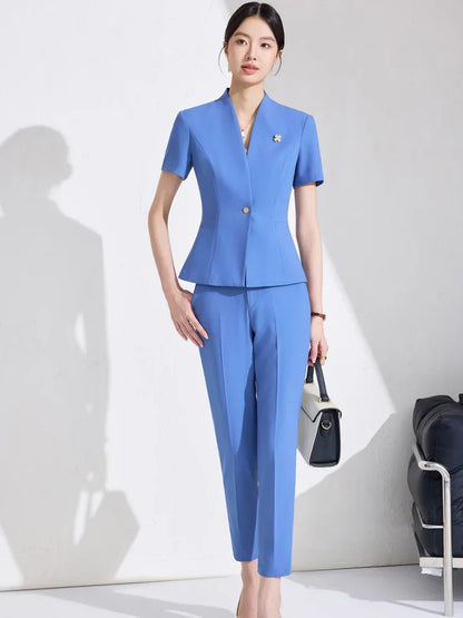NAVIU Women Formal Suits 2 Pieces Sets Elegant Professional Slim Short Sleeve Blazer And Pants Office Ladies Summer Work Wear