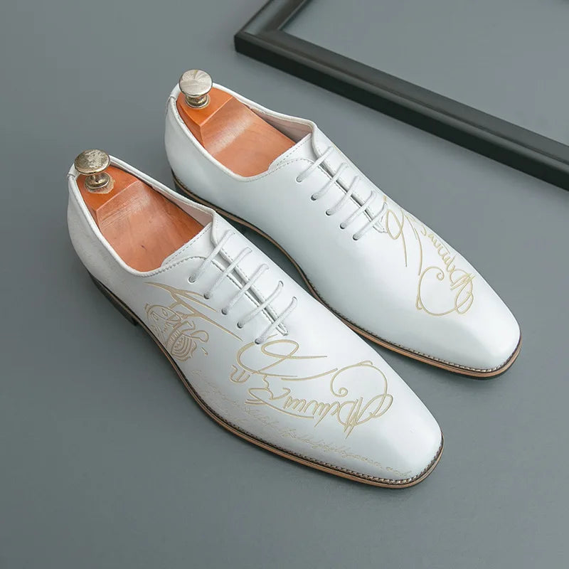Men's Casual Leather Shoes Large Size New Style Pointed Toe Fashion Trend Carving Glossy Surface Leather Shoes Rubber Sole