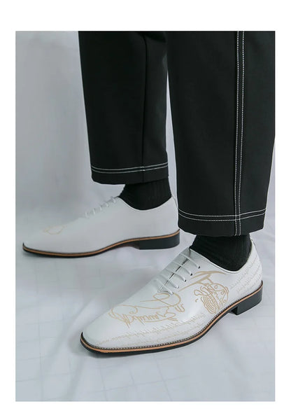 Men's Casual Leather Shoes Large Size New Style Pointed Toe Fashion Trend Carving Glossy Surface Leather Shoes Rubber Sole
