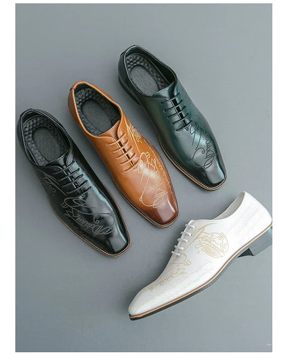 Men's Casual Leather Shoes Large Size New Style Pointed Toe Fashion Trend Carving Glossy Surface Leather Shoes Rubber Sole