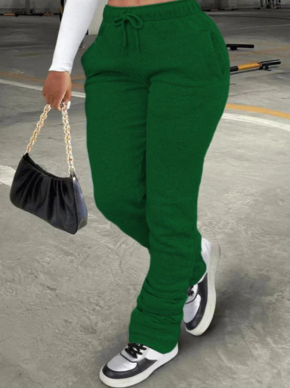 LW Plus Size Plain Pocket Sweatpants Mid Waist Drawstring Ruched Women Pants Stacked Trousers Sporty Casual Daily Bottoms