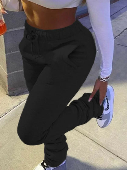 LW Plus Size Plain Pocket Sweatpants Mid Waist Drawstring Ruched Women Pants Stacked Trousers Sporty Casual Daily Bottoms