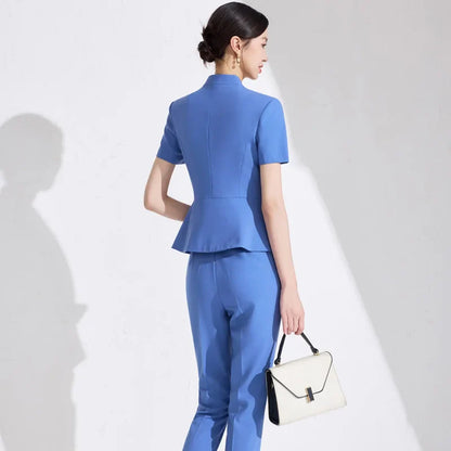 NAVIU Women Formal Suits 2 Pieces Sets Elegant Professional Slim Short Sleeve Blazer And Pants Office Ladies Summer Work Wear