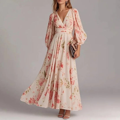 Spring Women V Nec Floral Print Long Sleeve Party Dress Ladies Commute A-Line Pullover Pleated Dress Vestidos Bohemian Dress 202