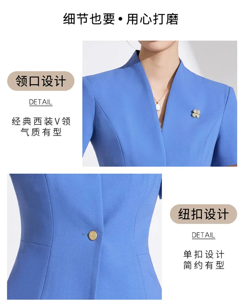 NAVIU Women Formal Suits 2 Pieces Sets Elegant Professional Slim Short Sleeve Blazer And Pants Office Ladies Summer Work Wear