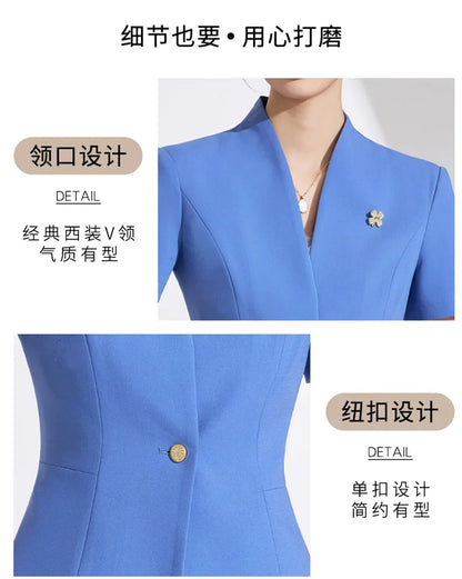 NAVIU Women Formal Suits 2 Pieces Sets Elegant Professional Slim Short Sleeve Blazer And Pants Office Ladies Summer Work Wear