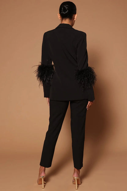 CM.YAYA Vintage Women Fur Hem Long Sleeve Blazer Suit and Pants 2023 Chic OL Fashion Two 2 Piece Set Outfits Basic Tracksuit