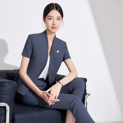 NAVIU Women Formal Suits 2 Pieces Sets Elegant Professional Slim Short Sleeve Blazer And Pants Office Ladies Summer Work Wear