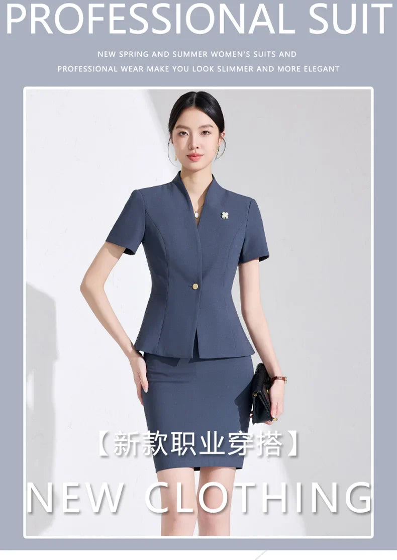 NAVIU Women Formal Suits 2 Pieces Sets Elegant Professional Slim Short Sleeve Blazer And Pants Office Ladies Summer Work Wear