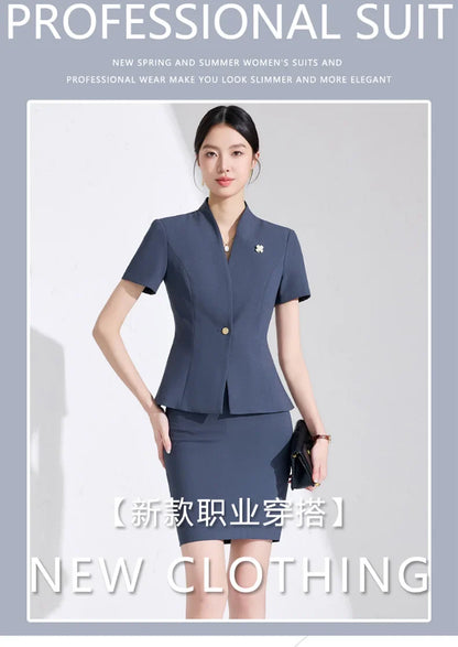 NAVIU Women Formal Suits 2 Pieces Sets Elegant Professional Slim Short Sleeve Blazer And Pants Office Ladies Summer Work Wear