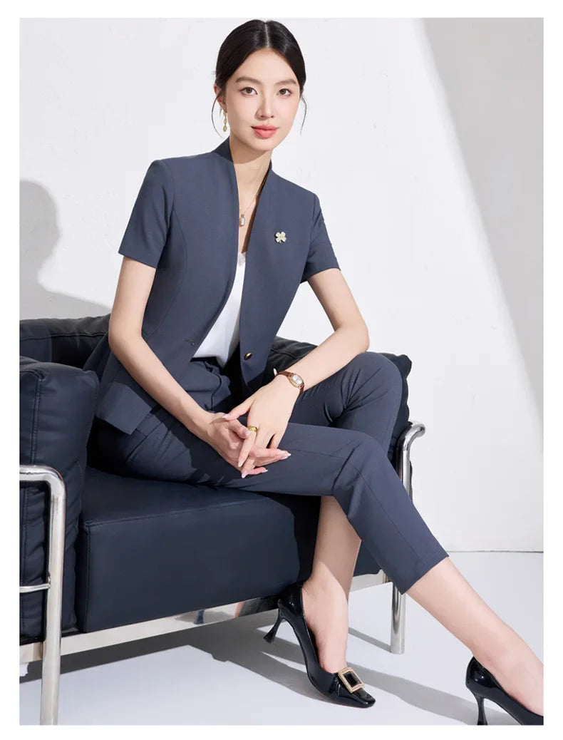 NAVIU Women Formal Suits 2 Pieces Sets Elegant Professional Slim Short Sleeve Blazer And Pants Office Ladies Summer Work Wear
