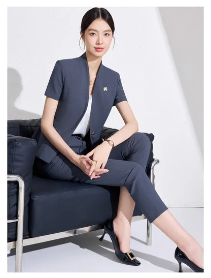 NAVIU Women Formal Suits 2 Pieces Sets Elegant Professional Slim Short Sleeve Blazer And Pants Office Ladies Summer Work Wear