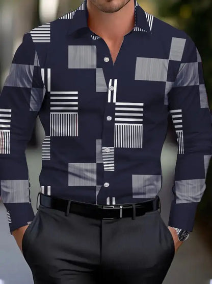 Men's shirt regular lapel shirt men's 3d printing triangle geometric printing casual street long sleeve fashion printed shirt