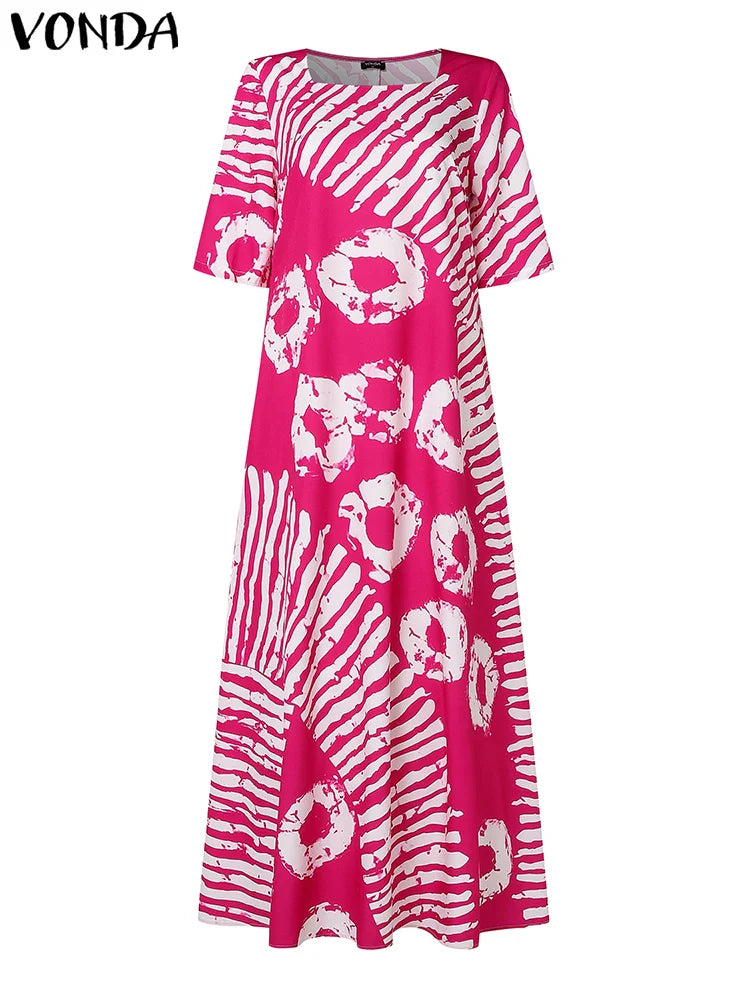 Plus Size VONDA Women Summer Party Maxi Dress Bohemian Printed Long Sundress Beach Vestidos 2025 Half Sleeve Casual Loose Robe