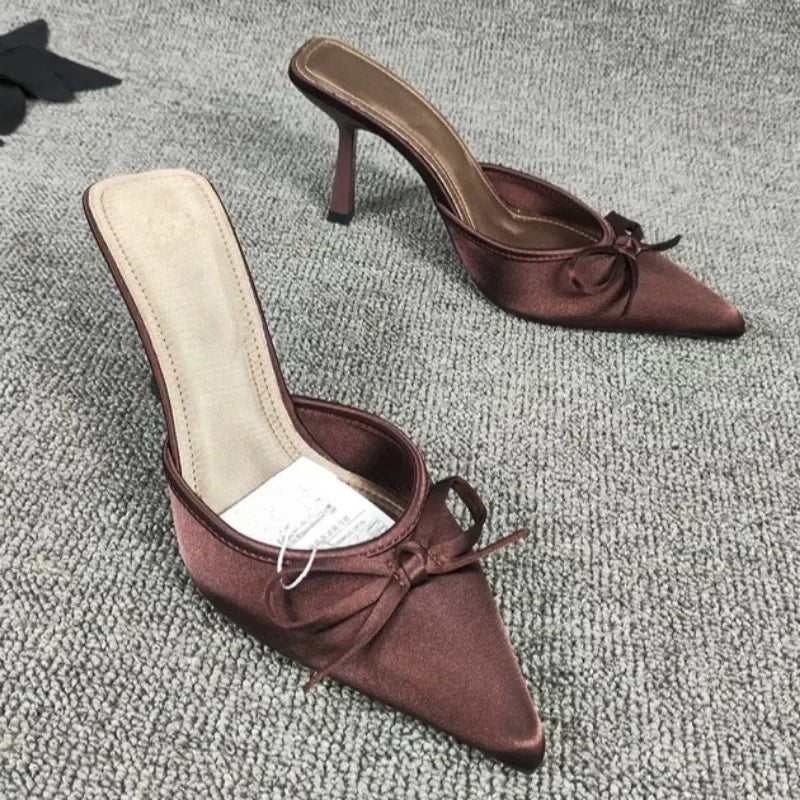 Bow High Heels Slippers Women Pointed Toe Mules Shoes Sexy 2025 Summer Dress Party Stilettos Sandals Woman Slides Trend Pumps
