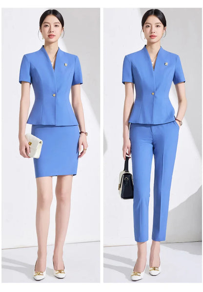 NAVIU Women Formal Suits 2 Pieces Sets Elegant Professional Slim Short Sleeve Blazer And Pants Office Ladies Summer Work Wear