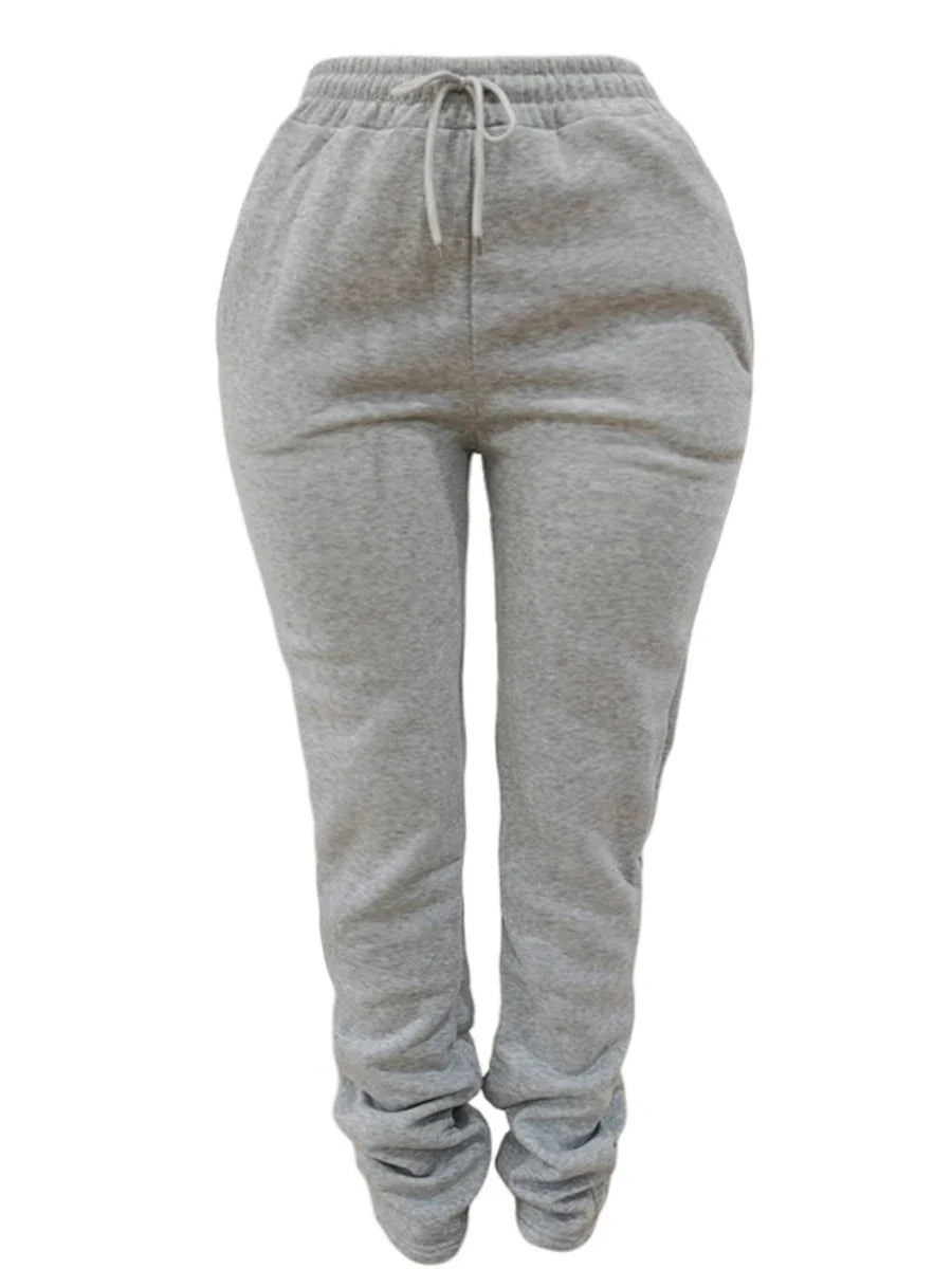 LW Plus Size Plain Pocket Sweatpants Mid Waist Drawstring Ruched Women Pants Stacked Trousers Sporty Casual Daily Bottoms
