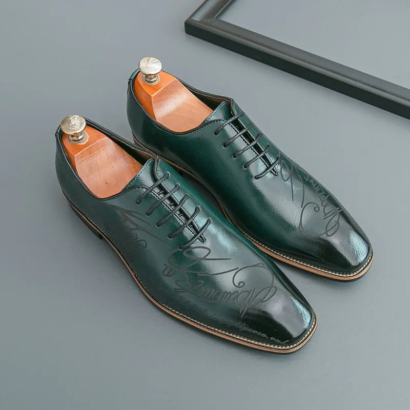 Men's Casual Leather Shoes Large Size New Style Pointed Toe Fashion Trend Carving Glossy Surface Leather Shoes Rubber Sole