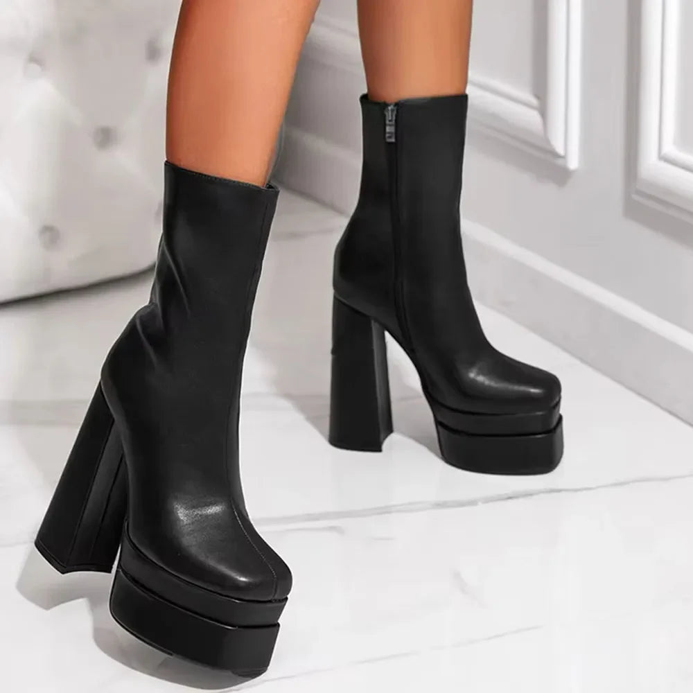DoraTasia INS street Snap Charming Round Head Platform Chunky Heel Women's Mid-calf Boots Punk Combat Side Zipper Boots Woman