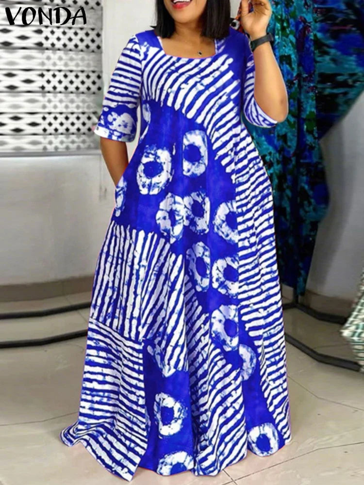 Plus Size VONDA Women Summer Party Maxi Dress Bohemian Printed Long Sundress Beach Vestidos 2025 Half Sleeve Casual Loose Robe