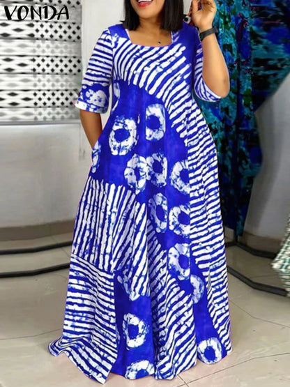 Plus Size VONDA Women Summer Party Maxi Dress Bohemian Printed Long Sundress Beach Vestidos 2025 Half Sleeve Casual Loose Robe