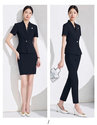 NAVIU Women Formal Suits 2 Pieces Sets Elegant Professional Slim Short Sleeve Blazer And Pants Office Ladies Summer Work Wear