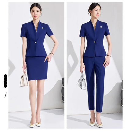 NAVIU Women Formal Suits 2 Pieces Sets Elegant Professional Slim Short Sleeve Blazer And Pants Office Ladies Summer Work Wear