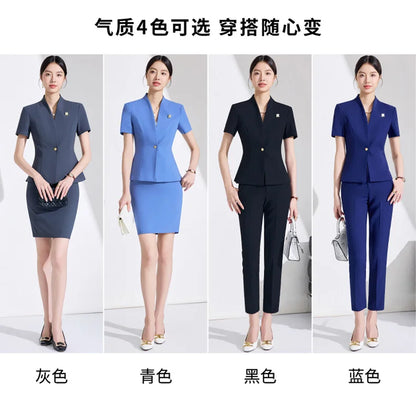 NAVIU Women Formal Suits 2 Pieces Sets Elegant Professional Slim Short Sleeve Blazer And Pants Office Ladies Summer Work Wear