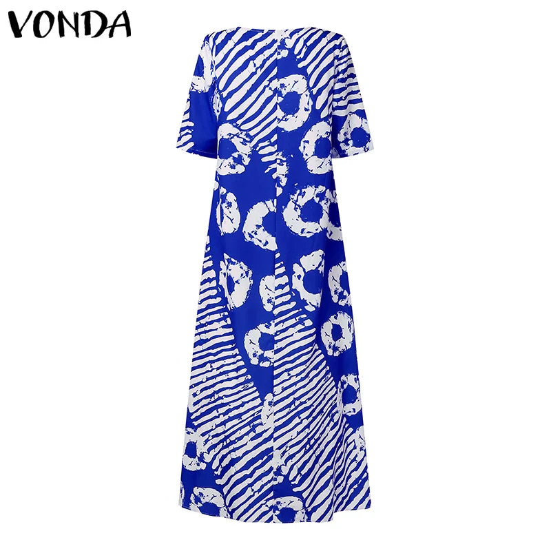 Plus Size VONDA Women Summer Party Maxi Dress Bohemian Printed Long Sundress Beach Vestidos 2025 Half Sleeve Casual Loose Robe