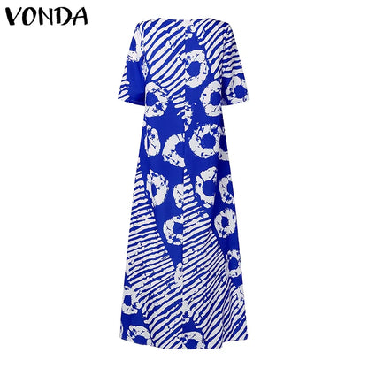 Plus Size VONDA Women Summer Party Maxi Dress Bohemian Printed Long Sundress Beach Vestidos 2025 Half Sleeve Casual Loose Robe