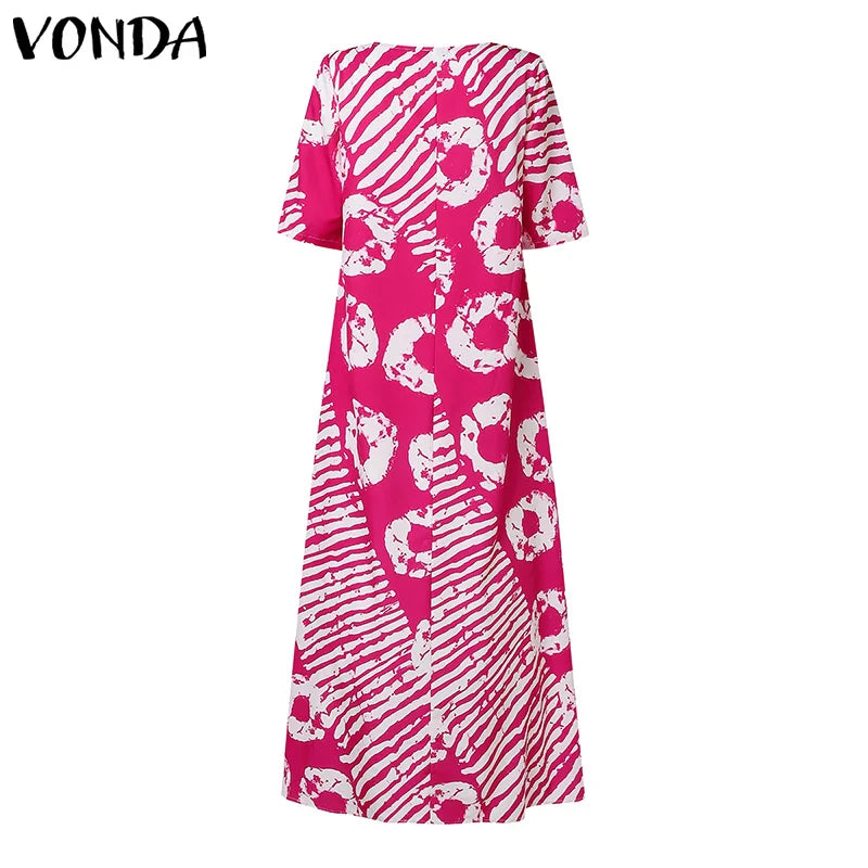 Plus Size VONDA Women Summer Party Maxi Dress Bohemian Printed Long Sundress Beach Vestidos 2025 Half Sleeve Casual Loose Robe