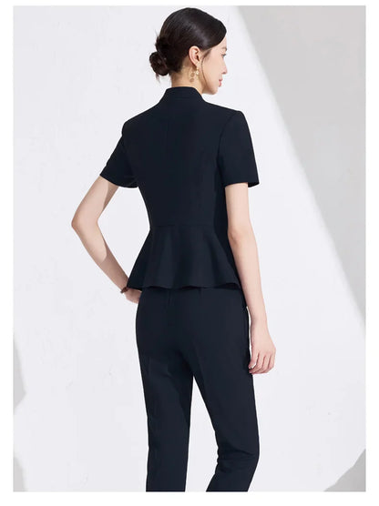 NAVIU Women Formal Suits 2 Pieces Sets Elegant Professional Slim Short Sleeve Blazer And Pants Office Ladies Summer Work Wear