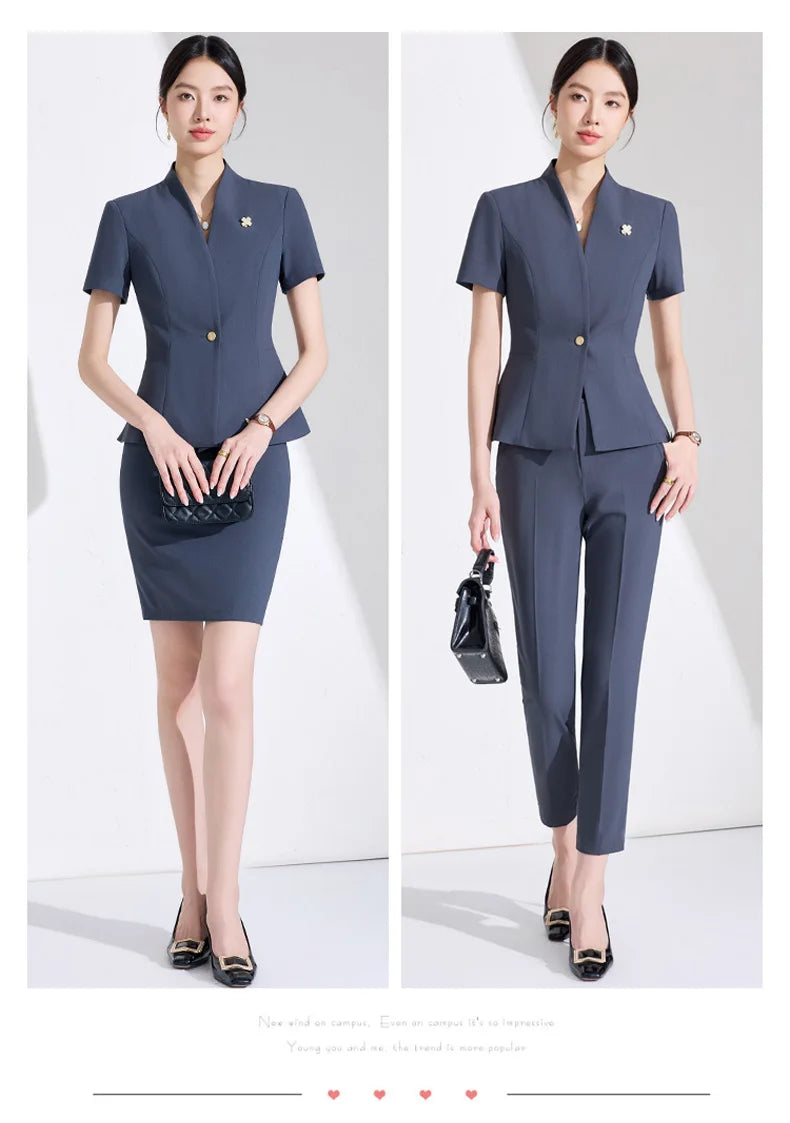 NAVIU Women Formal Suits 2 Pieces Sets Elegant Professional Slim Short Sleeve Blazer And Pants Office Ladies Summer Work Wear
