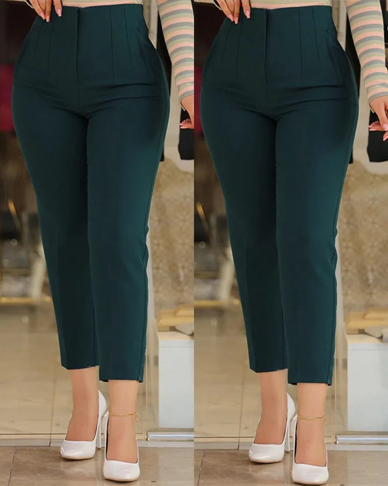 Elegant High Waist Cropped Work Pants for Women Black All-Match Daily Office Formal Wear Fashion Women's Trousers Slim Pants