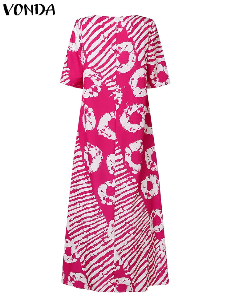 Plus Size Women Bohemian Maxi Dress 2025 Summer Printed Long Sundress VONDA Beach Party Vestidos Half Sleeve Casual Loose Robe