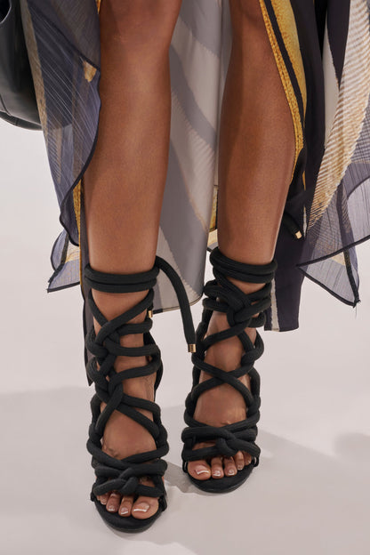AKIRA GOLD BLACK ROPE STRAP STILETTO SANDAL